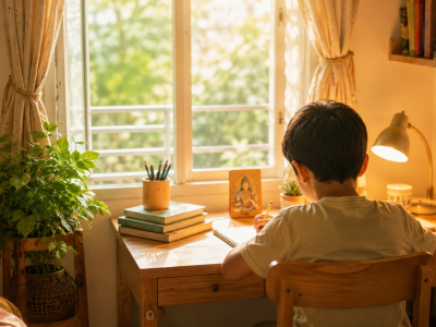 Child studying at a Vastu-aligned desk facing East for better focus