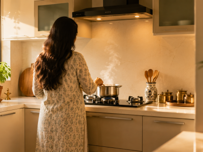 Indian kitchen with warm cooking energy showing common Vastu mistakes