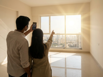 Couple checking Vastu of a new flat with compass before buying