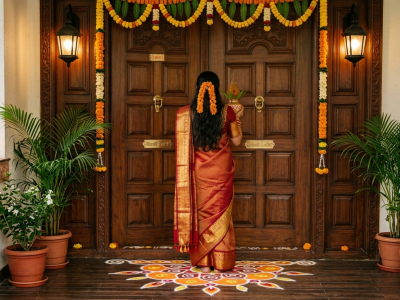 Woman with kalash entering new home during Griha Pravesh ceremony