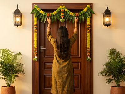 Hands placing toran above main door as per Vastu tradition