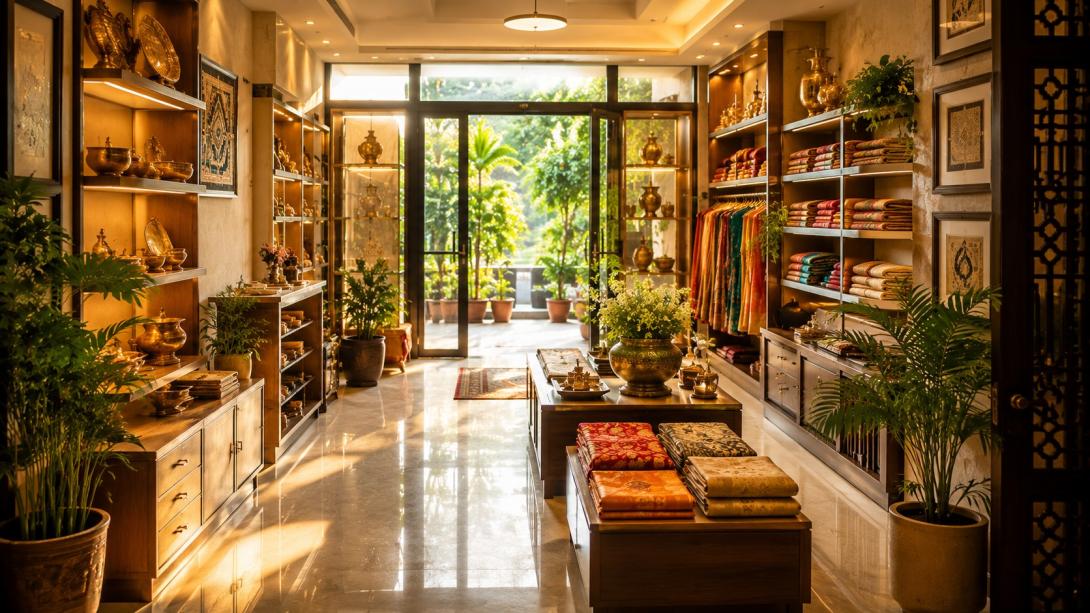 Vastu-aligned shop with bright lighting and welcoming entrance attracting customers