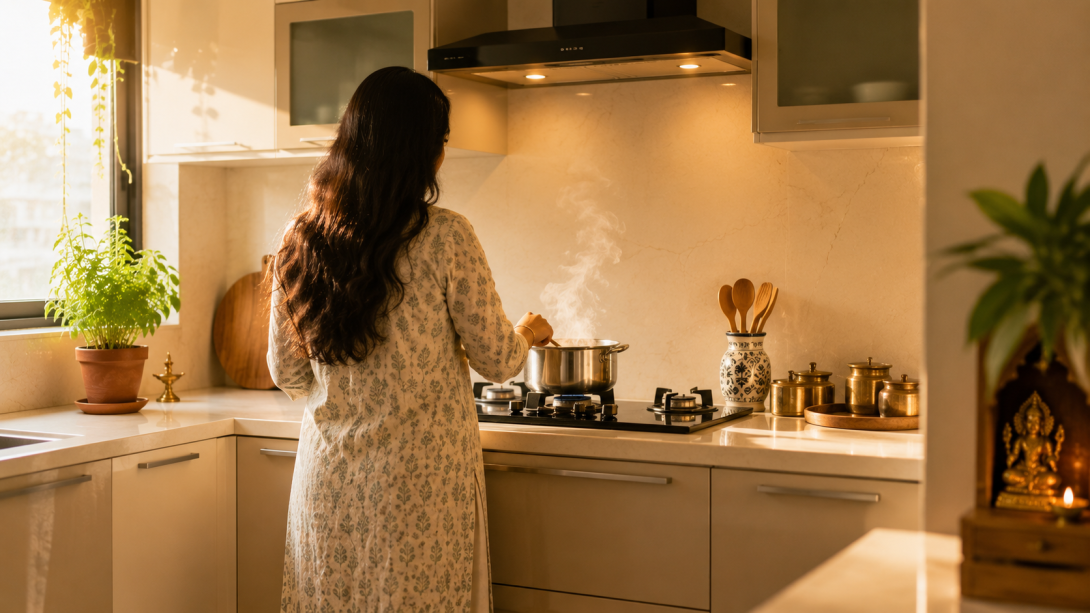 Indian kitchen with warm cooking energy showing common Vastu mistakes