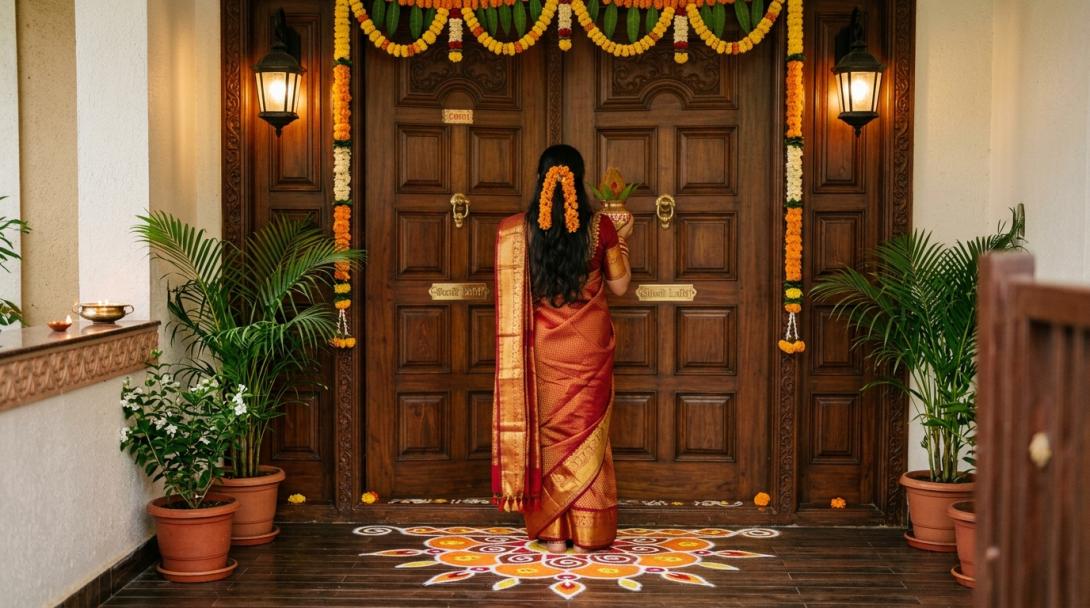Woman with kalash entering new home during Griha Pravesh ceremony