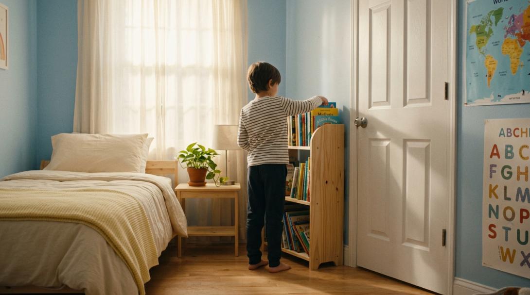 Child arranging books in a Vastu-aligned bedroom supporting healthy growth
