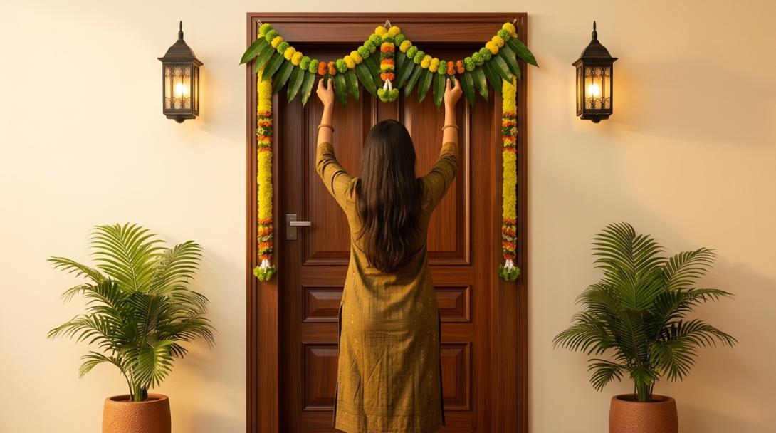 Hands placing toran above main door as per Vastu tradition