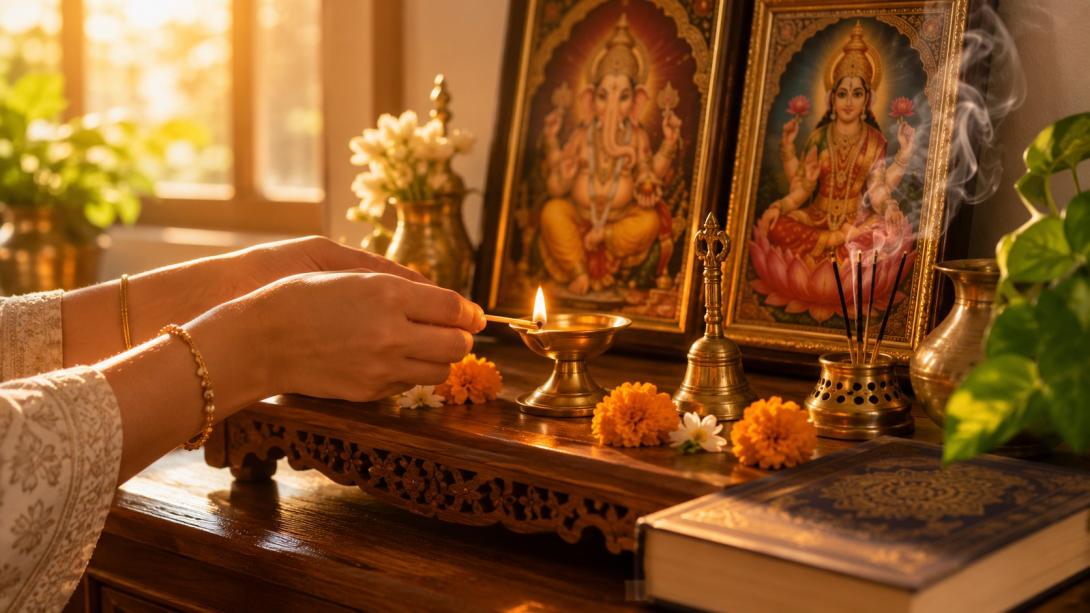 Hands lighting diya at Vastu-aligned pooja room in Indian home